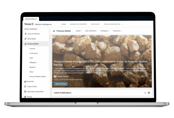 Laptop displaying StoneX Market Intelligence article on precious metals