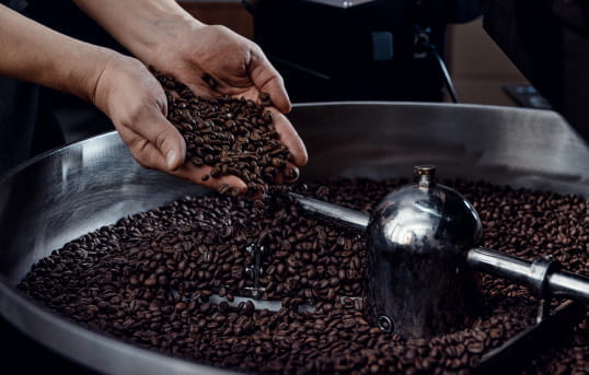 Hands inspecting roasted coffee beans in a cooling tray, representing quality control in coffee trading.
