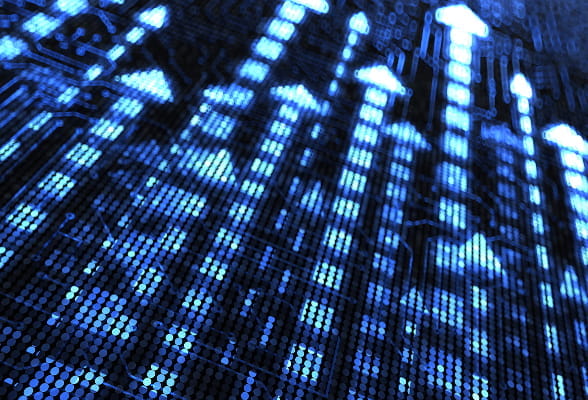 Abstract digital matrix with glowing blue data streams, representing automated Swift message processing, analytics, and delivery solutions that enhance operational efficiency and compliance.