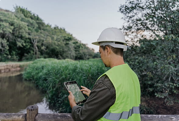 Environmental monitoring at silver recovery site with digital tools supporting sustainability and emissions control.