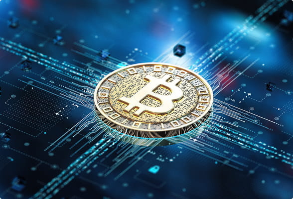 Bitcoin on a digital blockchain network, representing StoneX Digital's flexible crypto asset custody solutions.