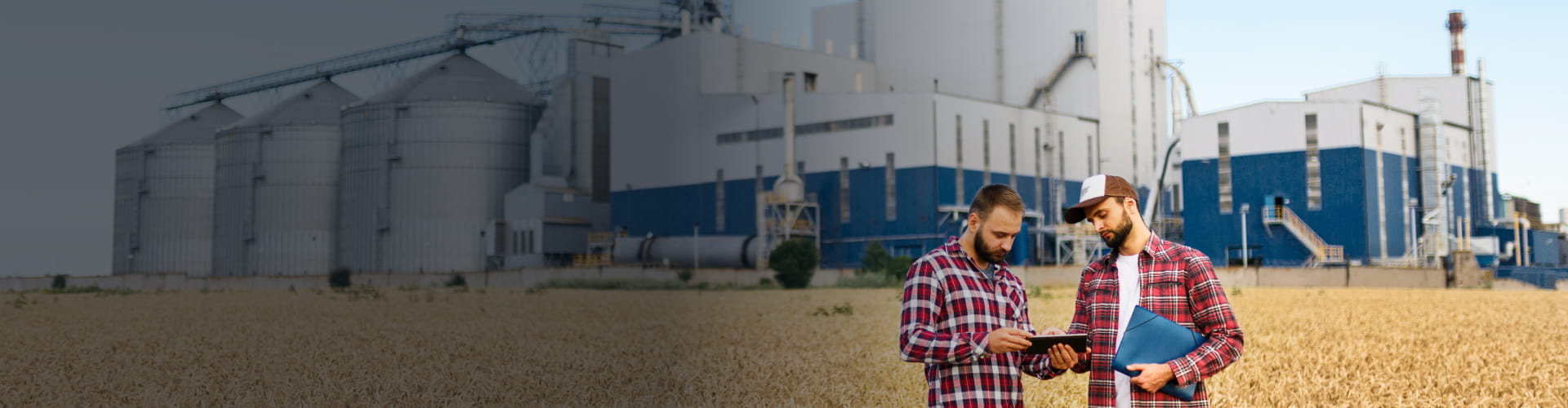 Farmers reviewing grain pricing in a field with grain elevators behind them, highlighting tailored risk strategies.