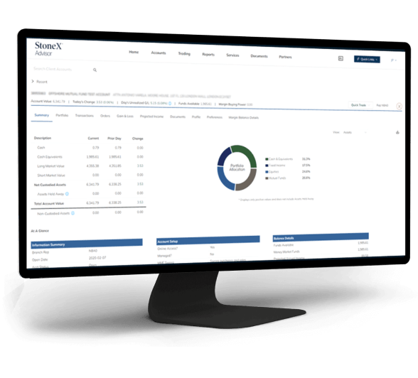 StoneX Advisor platform displayed on a screen, highlighting practice management tools, web solutions, and resources for financial advisors